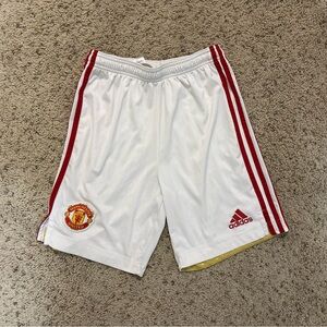 Adidas Manchester United White Soccer Shorts with Red Stripes